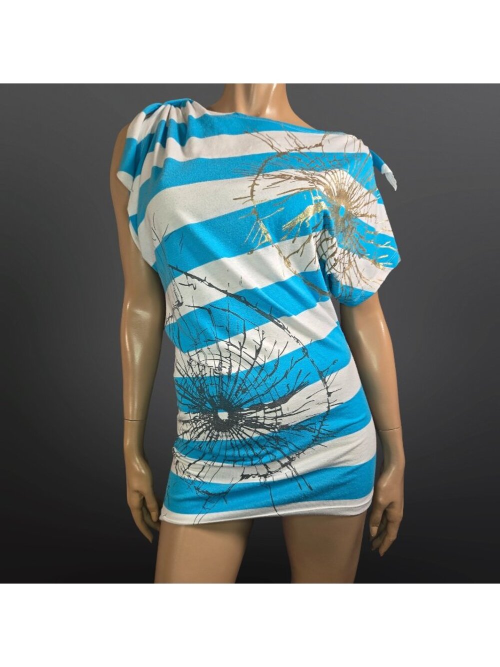 Y2K Mini Dress Striped One Shoulder Striped Tunic Top Size L Turquoise White